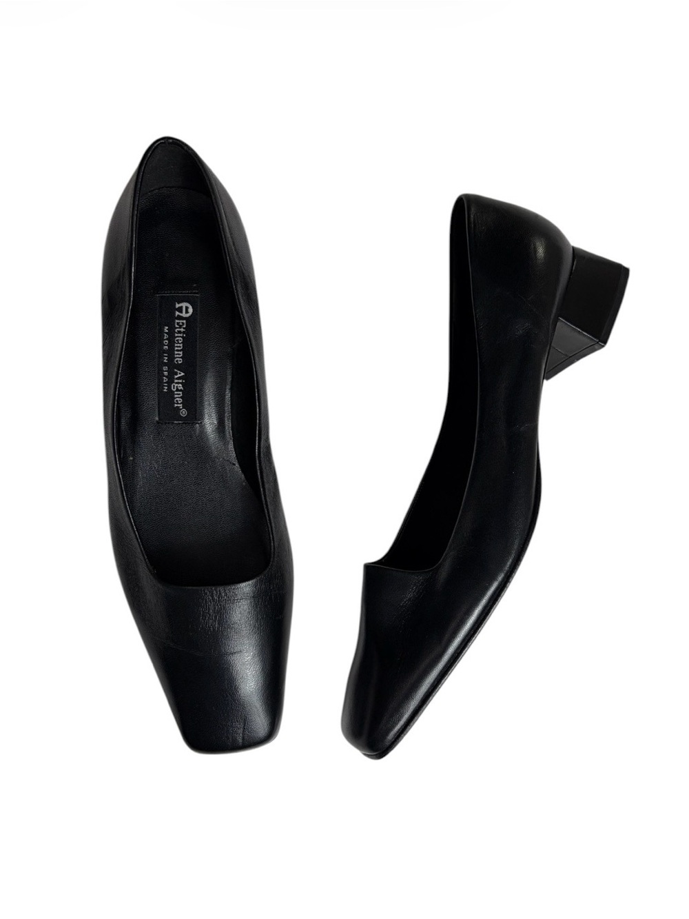 Vintage 1990s Etienne Aigner black leather block  heel square toe pumps size 10M